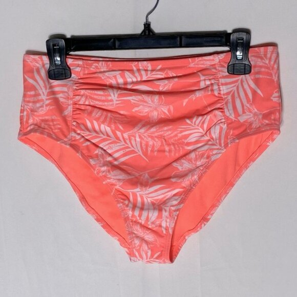 5/$25 Women’s Neon Coral White Tropical Print High Waist Bikini Bottoms L - Picture 9 of 9